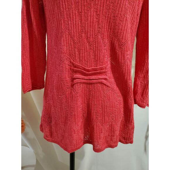 Nic + Zoe Linen Blend Open Pointelle Knit Cardigan Size L Semi Sheer Coral Pink - Picture 5 of 10